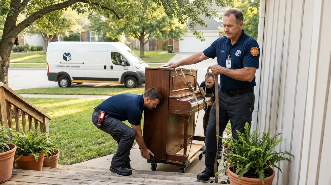 Licensed piano movers securing grand piano in Cleveland, GA