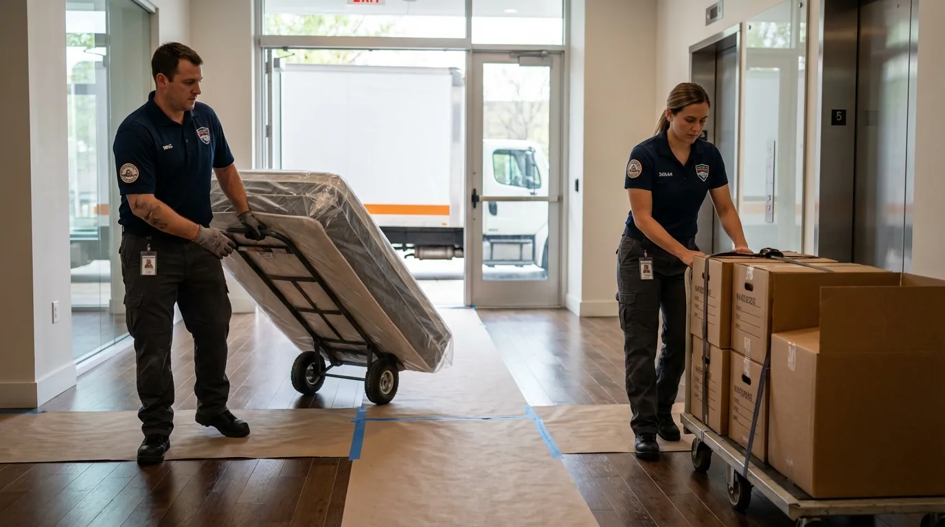 Professional apartment movers loading elevator in Cleveland, GA